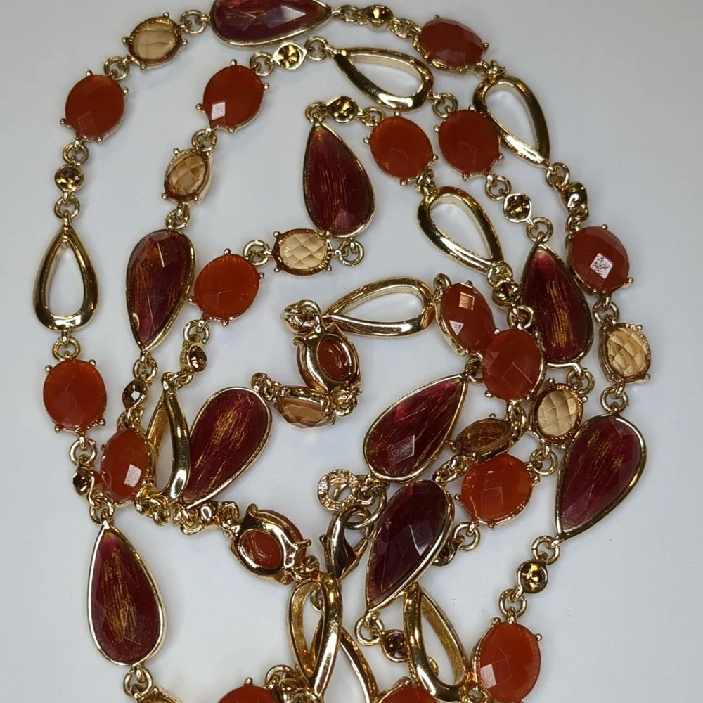 Vintage Anne Klein Amber Sautoir Necklace Extra Long Layered Gold Tone 84